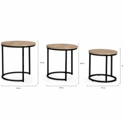 Lot 3 tables basses gigognes rondes bois métal industrielles 35/40/45 cm