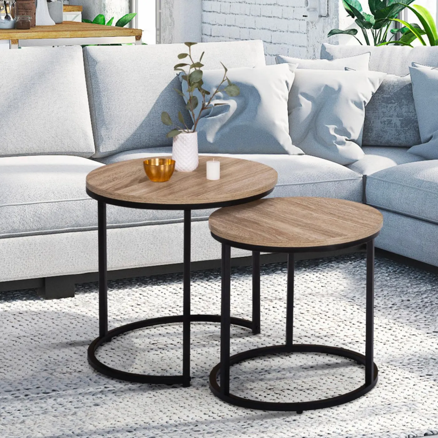 Lot 2 tables basses gigognes rondes bois métal industrielles 40/45 cm