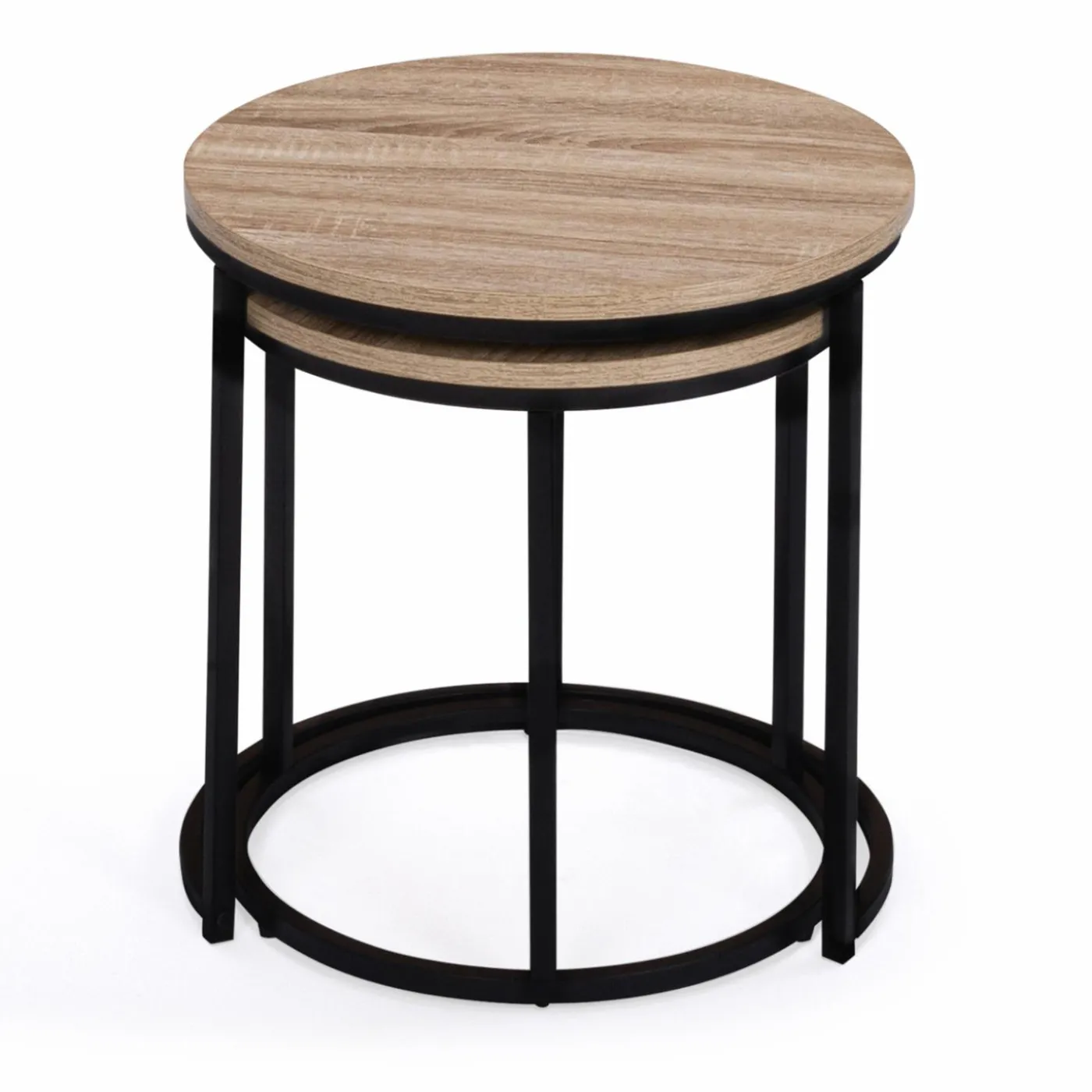 Lot 2 tables basses gigognes rondes bois métal industrielles 40/45 cm
