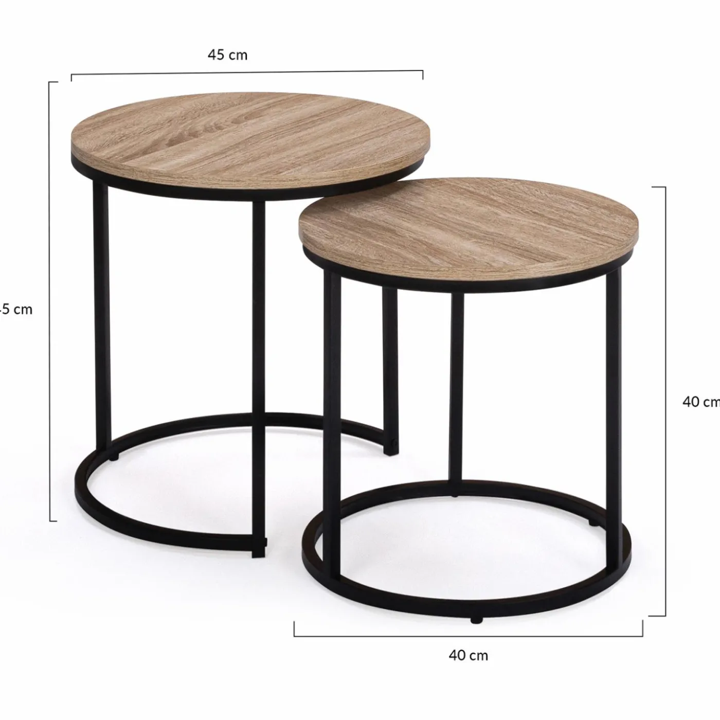 Lot 2 tables basses gigognes rondes bois métal industrielles 40/45 cm