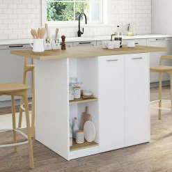 Îlot central bois blanc avec plan de travail façon hêtre 140 cm 4 personnes avec rangement