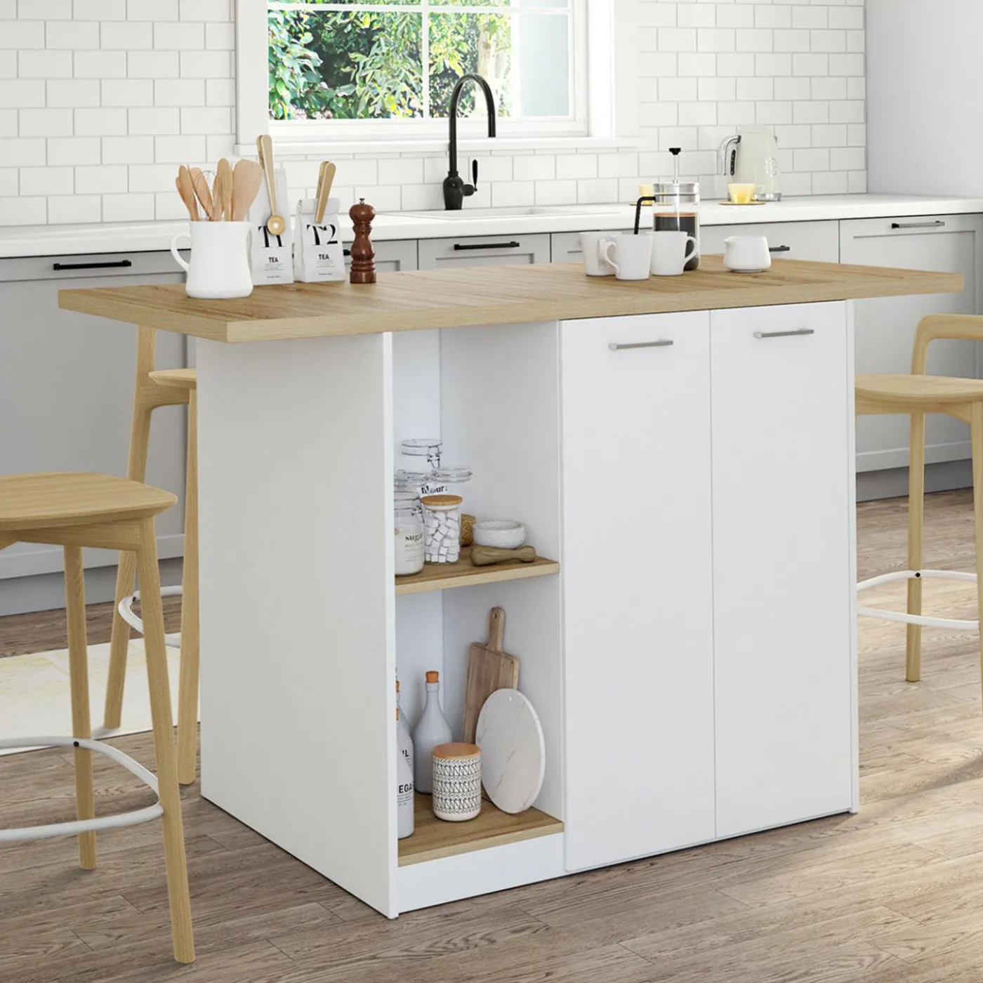 Îlot central bois blanc avec plan de travail façon hêtre 140 cm 4 personnes avec rangement