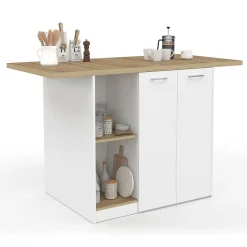 Îlot central bois blanc avec plan de travail façon hêtre 140 cm 4 personnes avec rangement