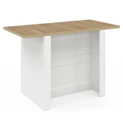 Îlot central bois blanc avec plan de travail façon hêtre 140 cm 4 personnes avec rangement