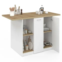 Îlot central bois blanc avec plan de travail façon hêtre 140 cm 4 personnes avec rangement