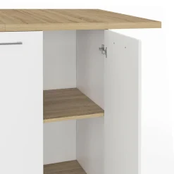 Îlot central bois blanc avec plan de travail façon hêtre 140 cm 4 personnes avec rangement