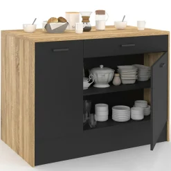 Îlot central bois et noir avec une grande capacité de rangement
