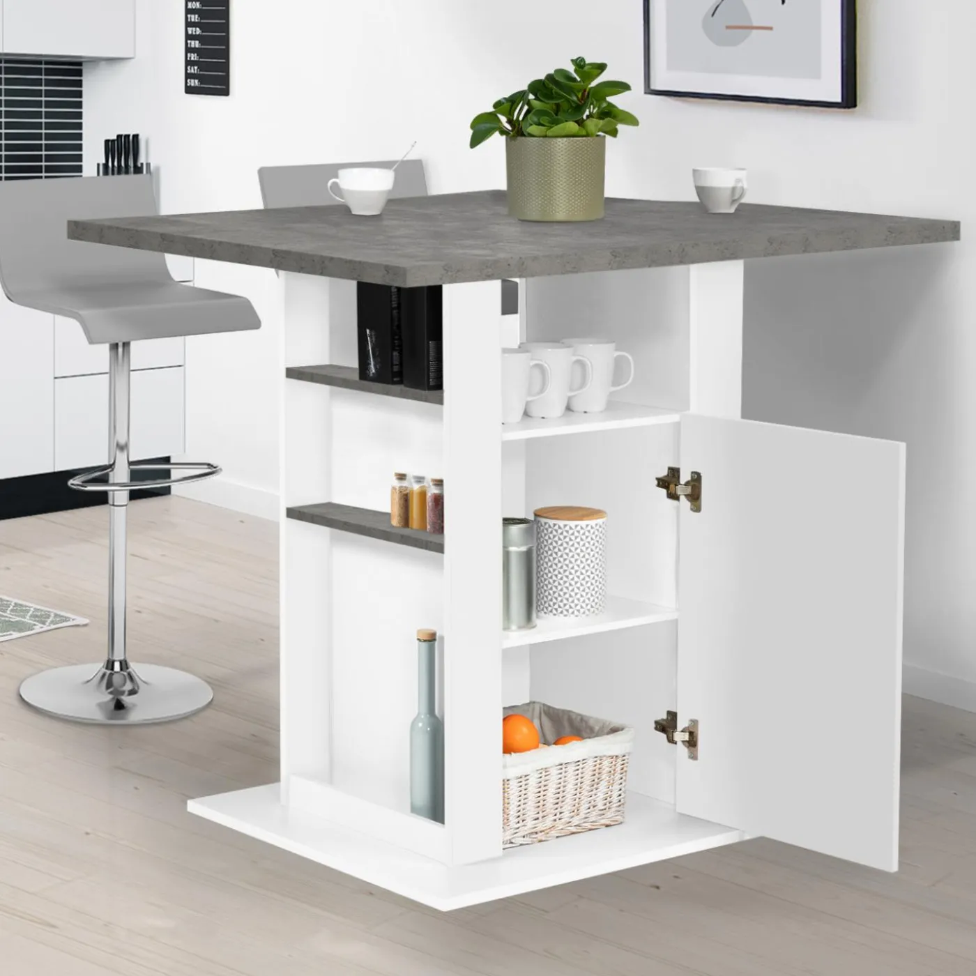 Îlot central cuisine plateau effet béton et bois blanc 110 cm