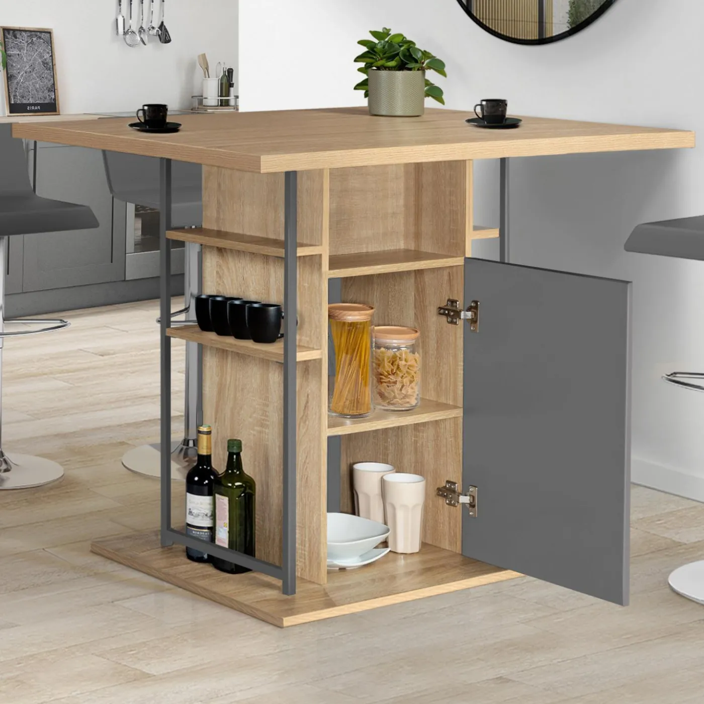Îlot central cuisine plateau bois imitation hêtre et gris 110 cm