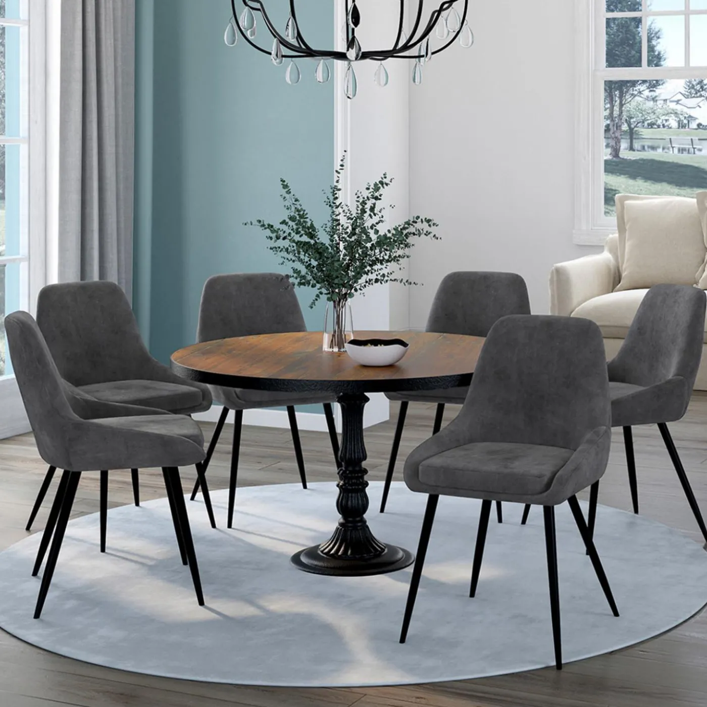 Lot de 6 chaises avec accoudoirs en velours gris foncé
