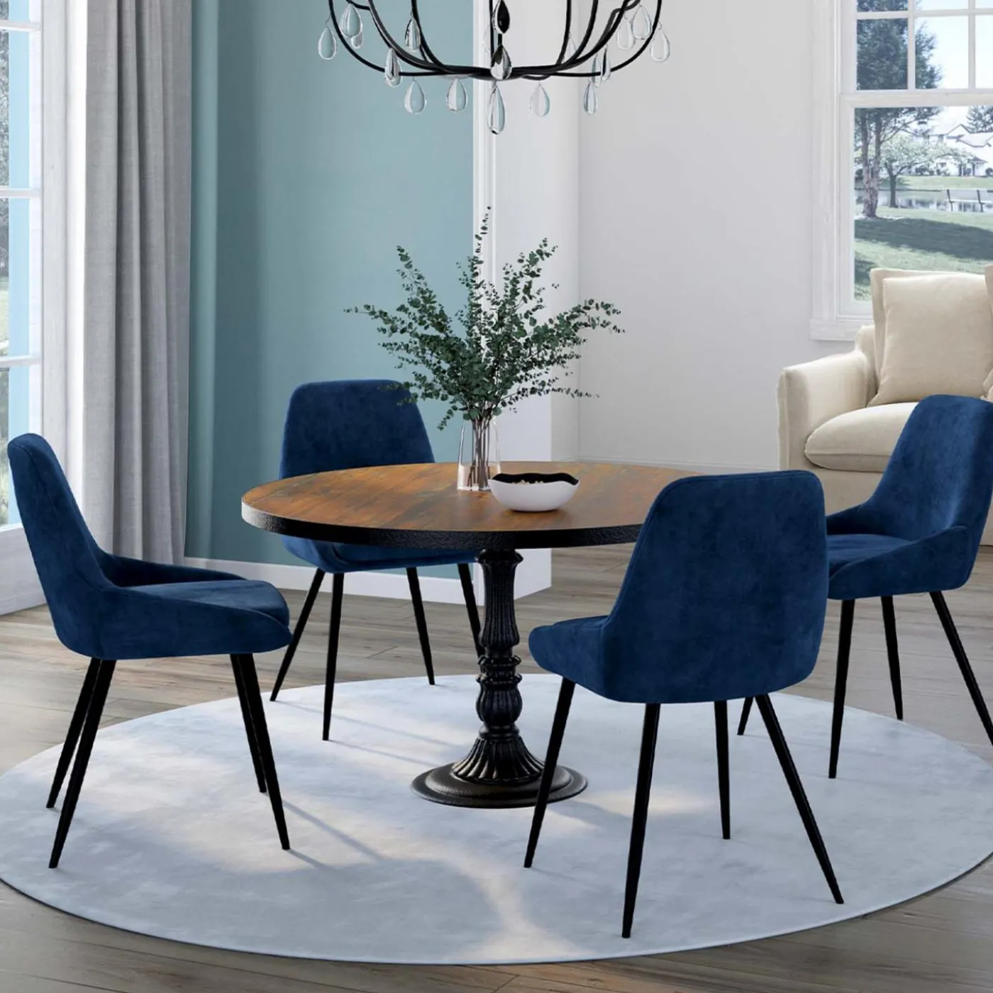 Lot de 4 chaises avec accoudoirs en velours bleu
