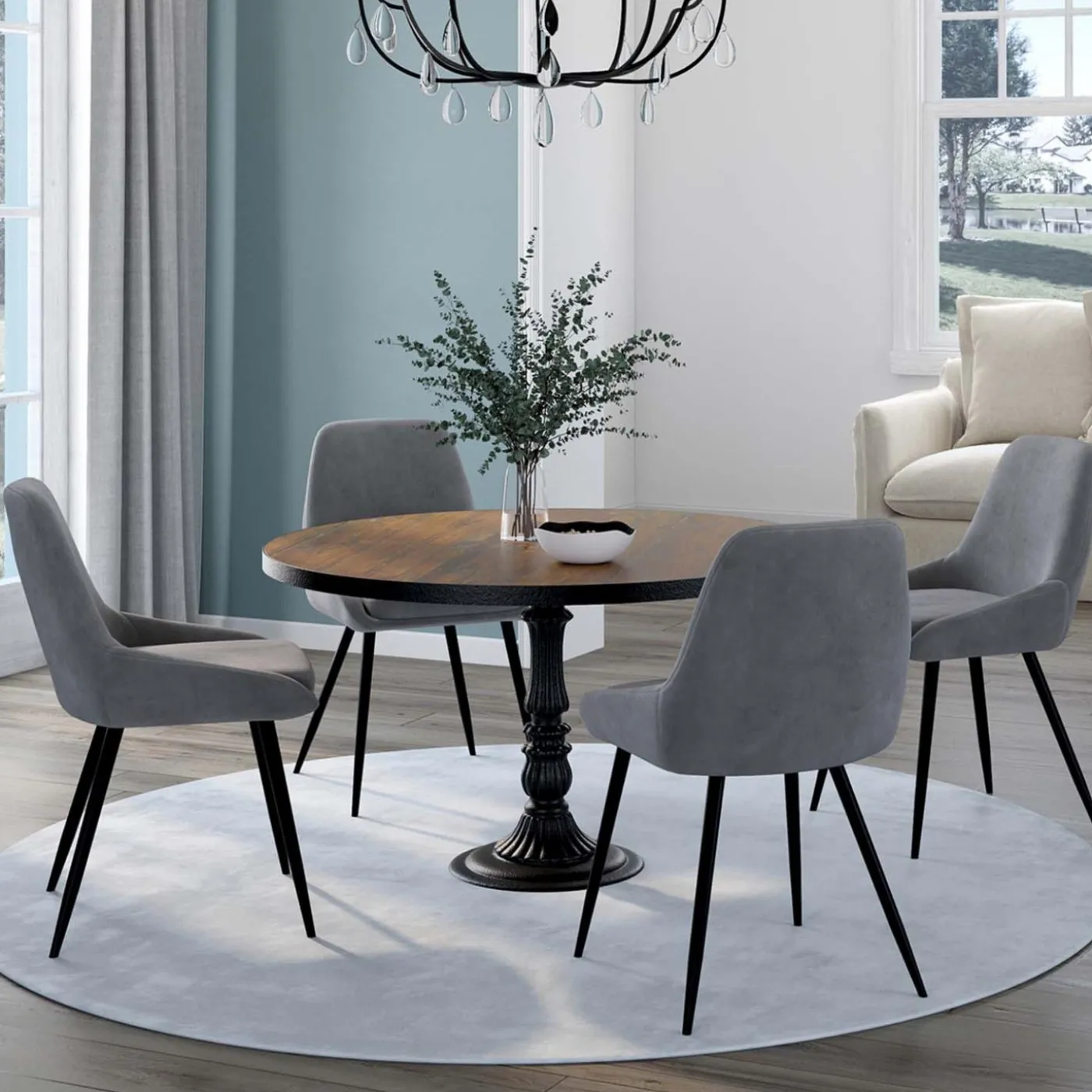 Lot de 4 chaises avec accoudoirs en velours gris clair