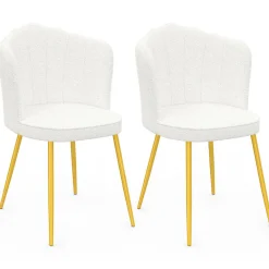 Lot de 2 chaises bouclette blanche, dossier coquillage, pieds dorés