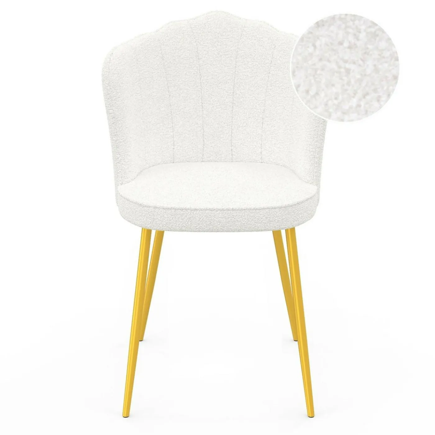 Lot de 2 chaises bouclette blanche, dossier coquillage, pieds dorés