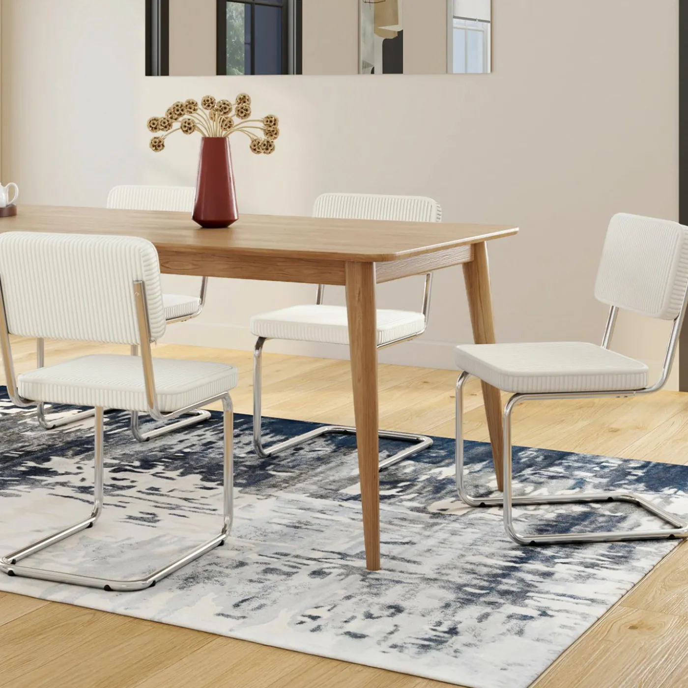 Lot de 4 chaises cantilever en velours côtelé beige et pied métal