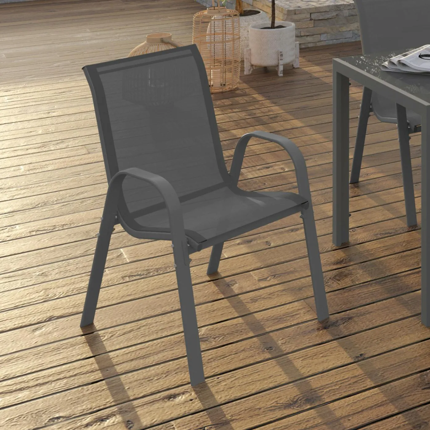 Lot de 4 chaises de jardin empilables en métal gris anthracite et textilène