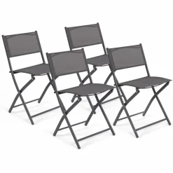 Lot de 4 chaises de jardin pliantes grises en acier et textilène