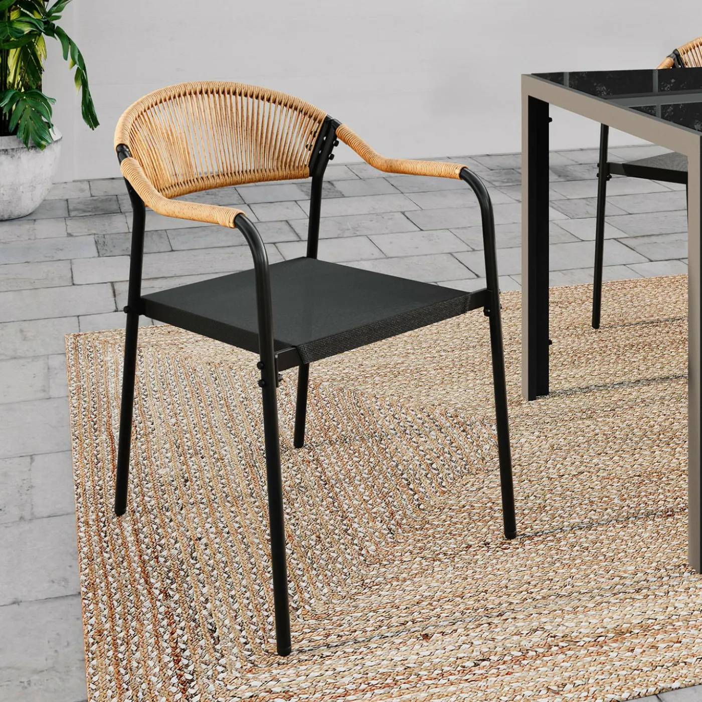 Lot de 4 chaises de jardin extérieures en métal, en cordage, en textilène et rotin clair
