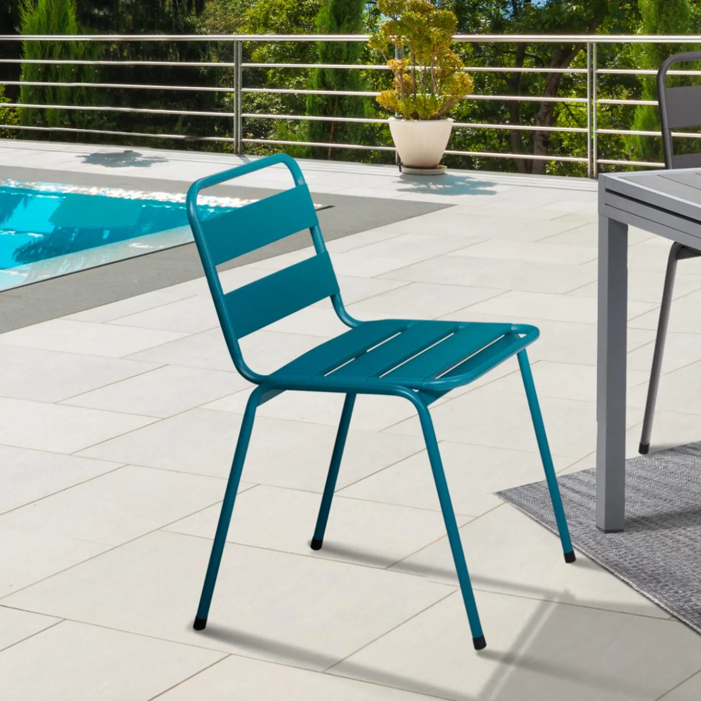 Lot de 6 chaises de jardin empilables en acier gris anthracite, noir et bleu