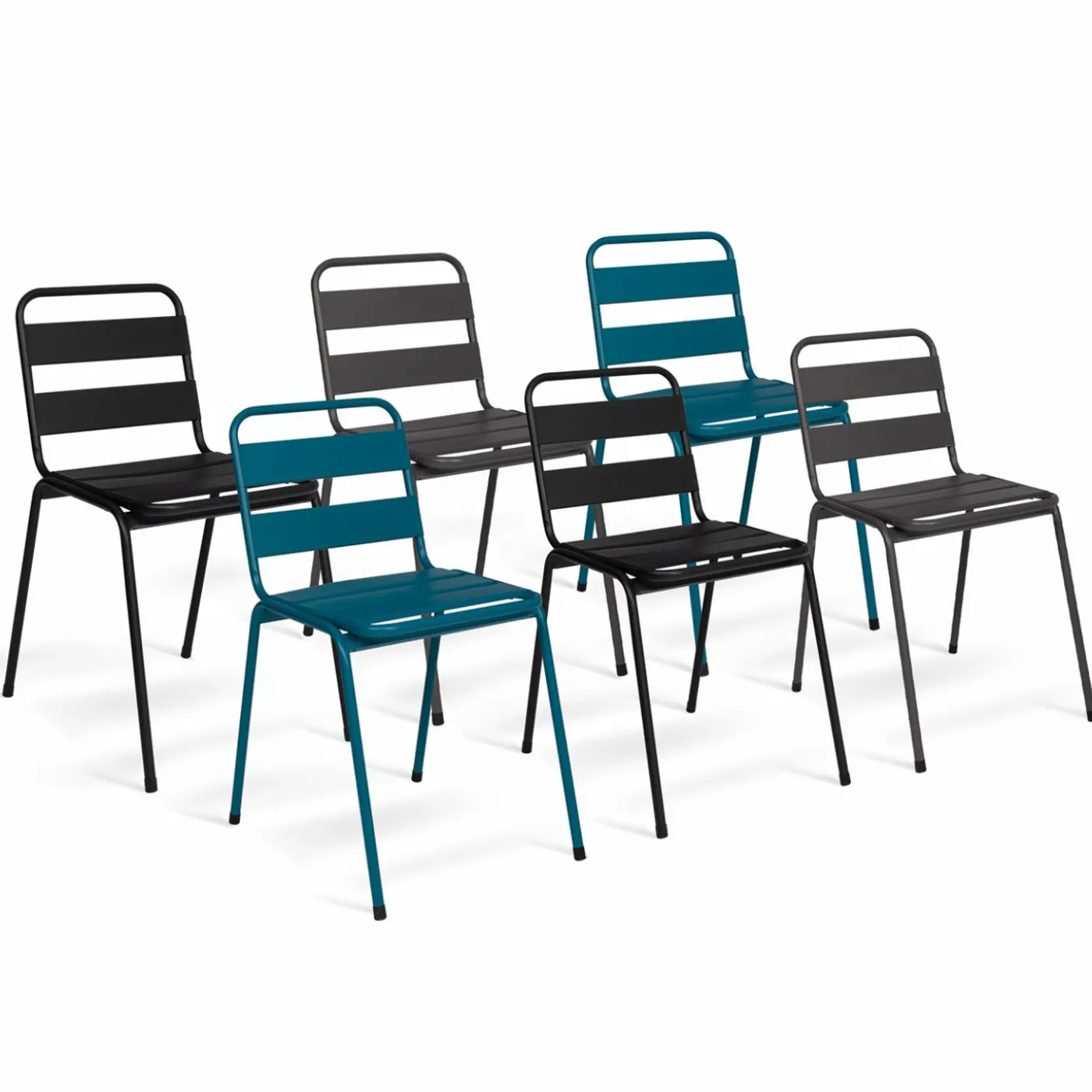 Lot de 6 chaises de jardin empilables en acier gris anthracite, noir et bleu