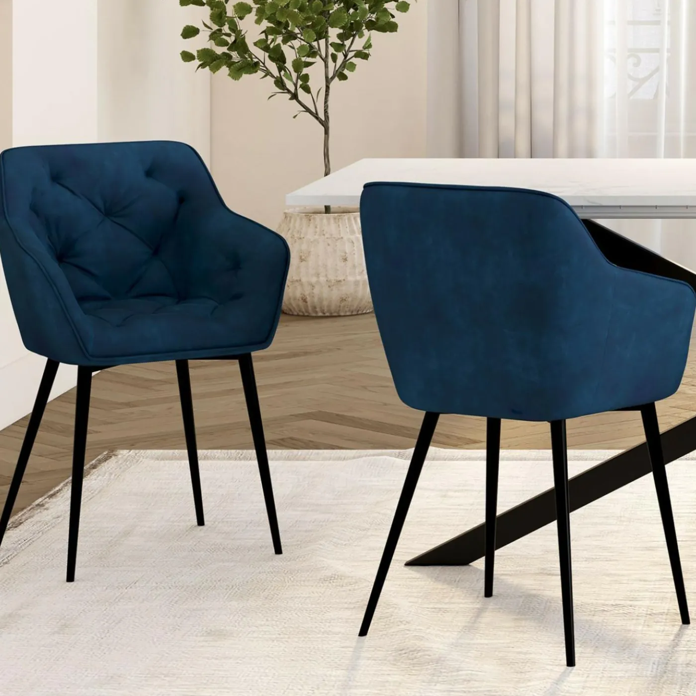 Lot de 2 chaises de salle à manger, fauteuils de table capitonnés LYA velours bleu canard