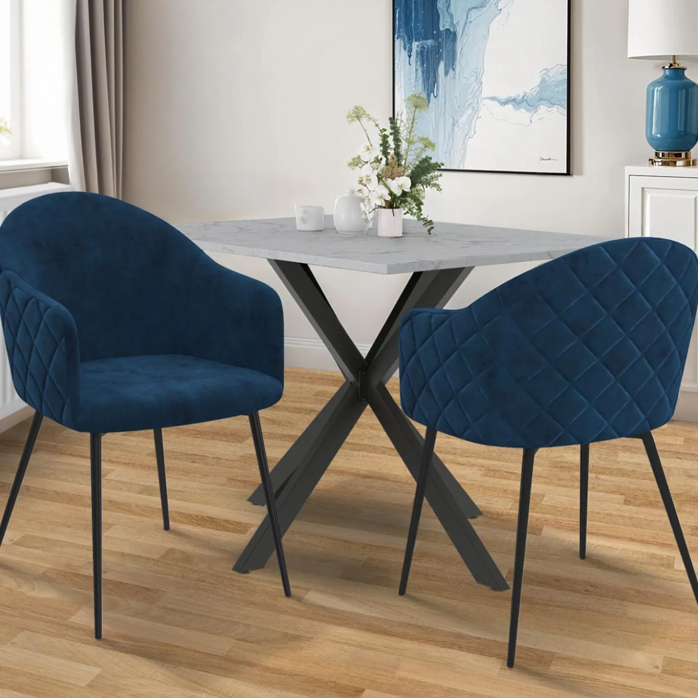 Lot de 2 chaises de salle à manger design en velours bleu canard