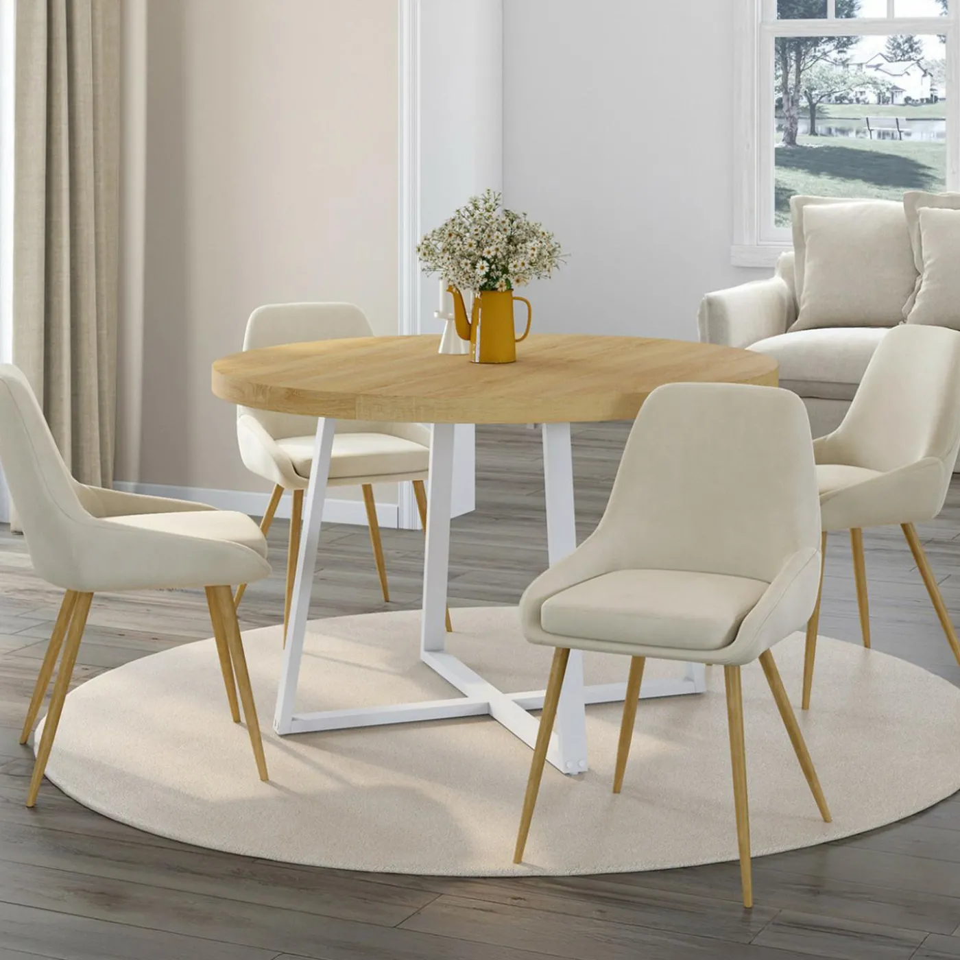 Lot de 4 chaises de salle à manger en velours beige avec demi-accoudoirs