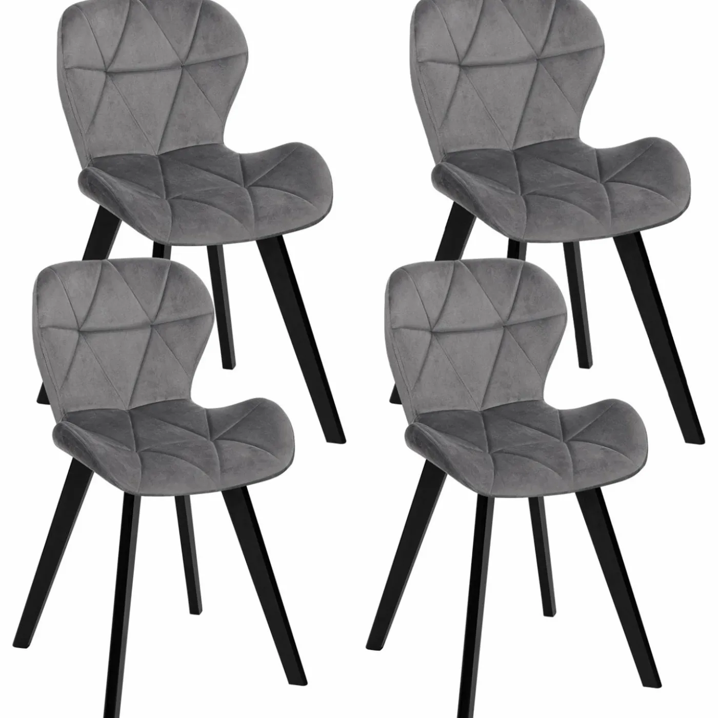 Lot de 4 chaises en velours gris clair avec pieds noirs assise matelassée