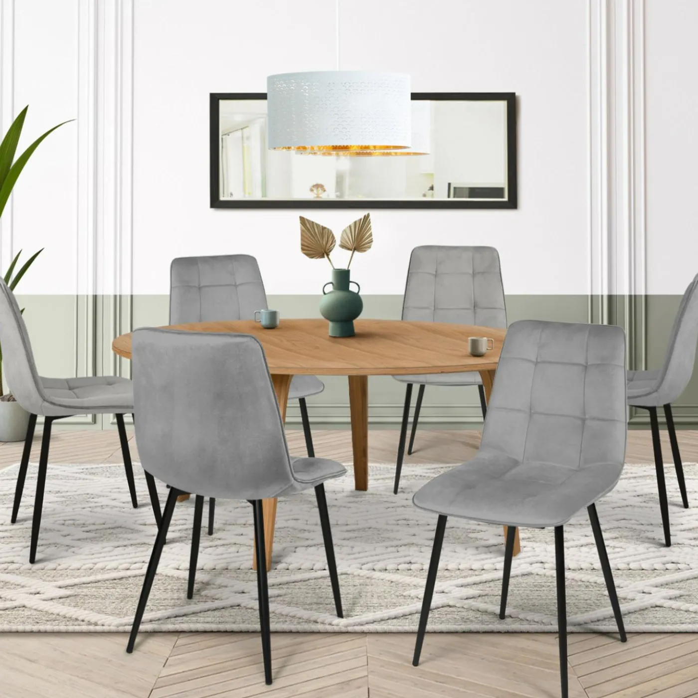 Lot de 6 chaises en velours gris clair matelassé