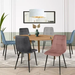 Lot de 6 chaises en velours couleur pastel bleu, rose et gris matelassées