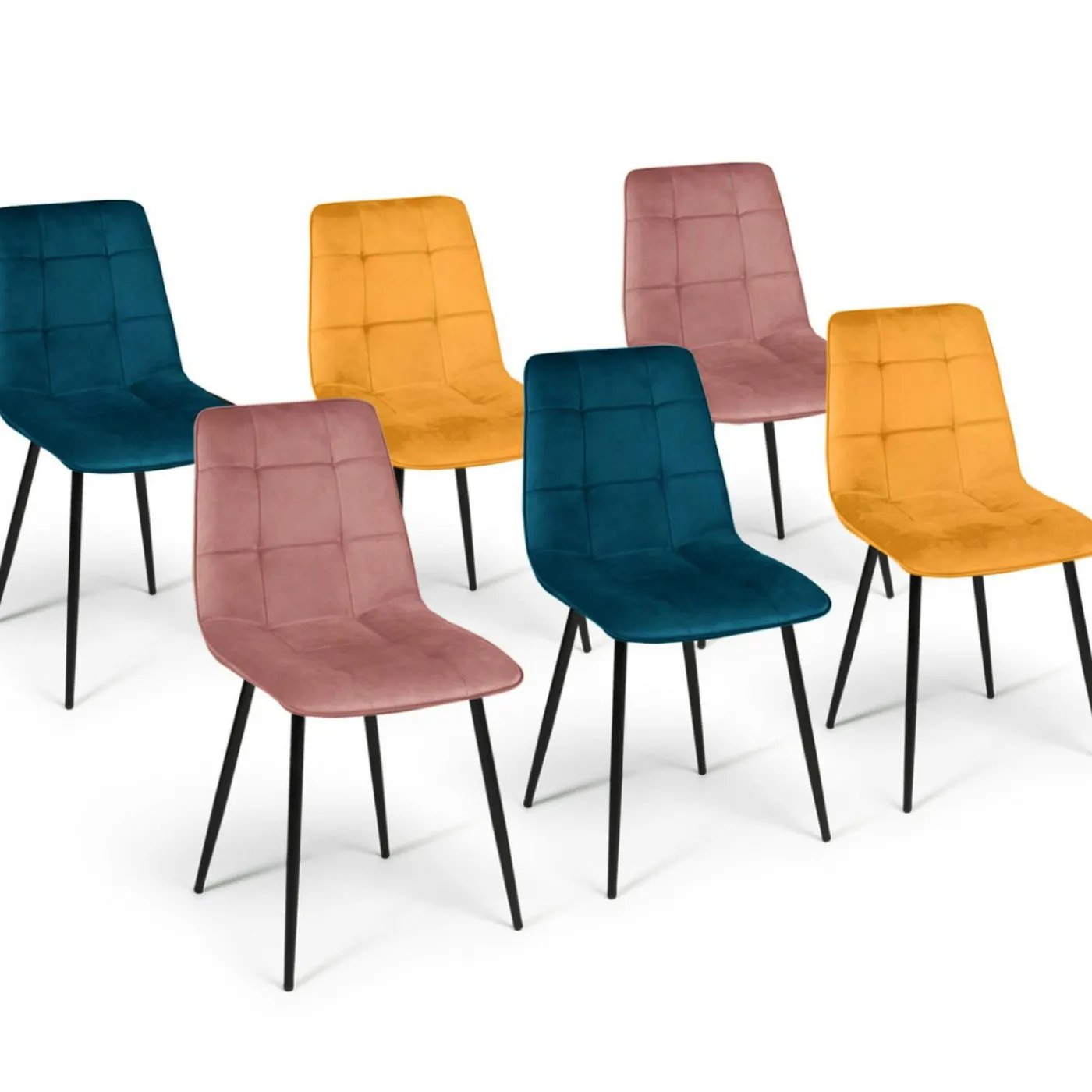 Lot de 6 chaises en velours mix color bleu x2, jaune ocre x2, rose x2