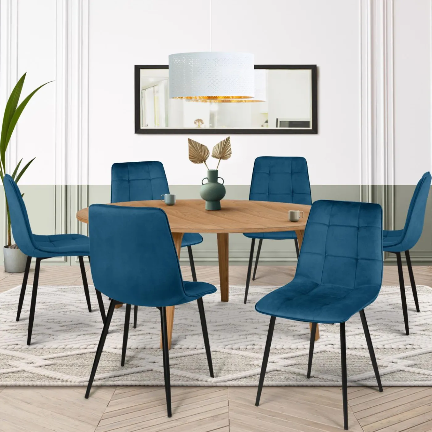Lot de 6 chaises en velours bleu matelassé