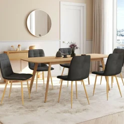 Lot de 6 chaises en velours gris foncé pied effet bois pour salle à manger