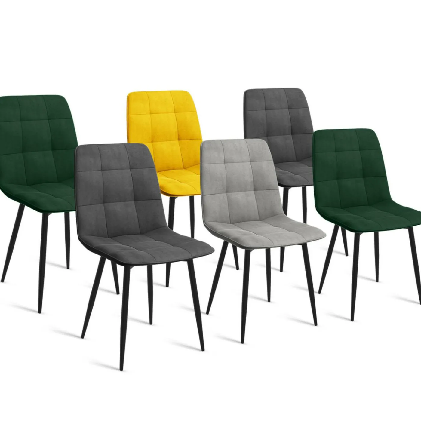 Lot de 6 chaises en velours mix vert, jaune et gris matelassées