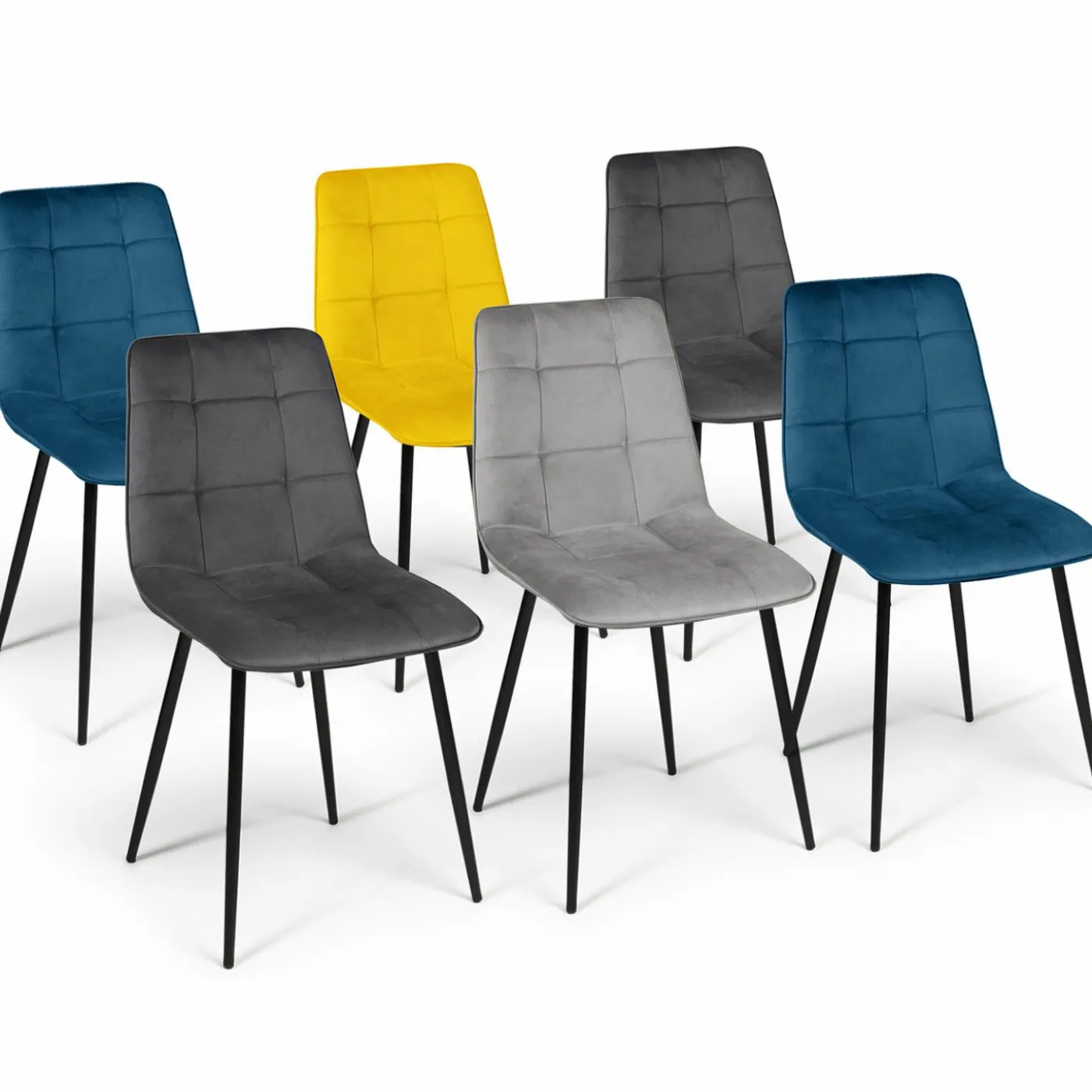 Lot de 6 chaises en velours bleu x2, jaune, gris clair et gris foncé x2 matelassé