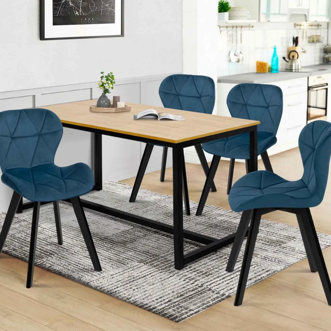 Lot de 4 chaises matelassées velours bleu
