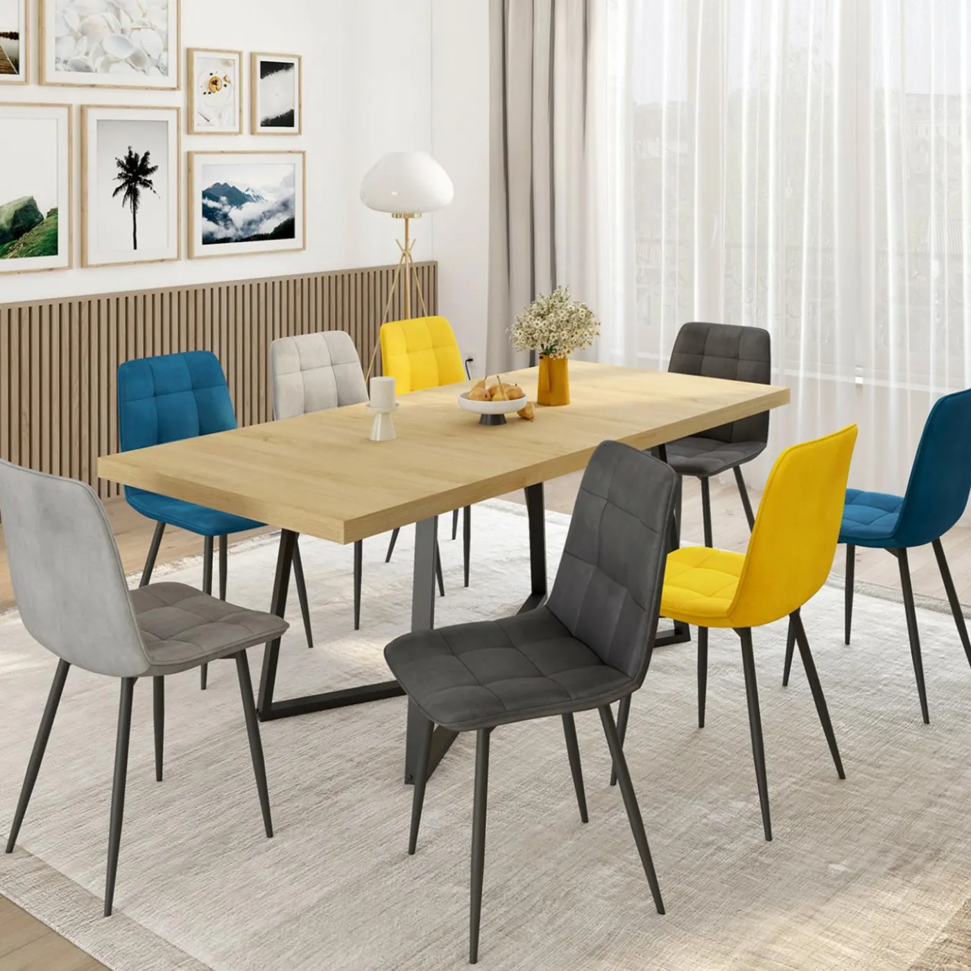 Lot de 8 chaises modernes en velours mix color bleu x2, gris foncé x2, gris clair x2, jaune x2 pieds métal noir