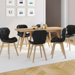 Lot de 6 chaises modernes en PU noir pieds en bois pour salle à manger