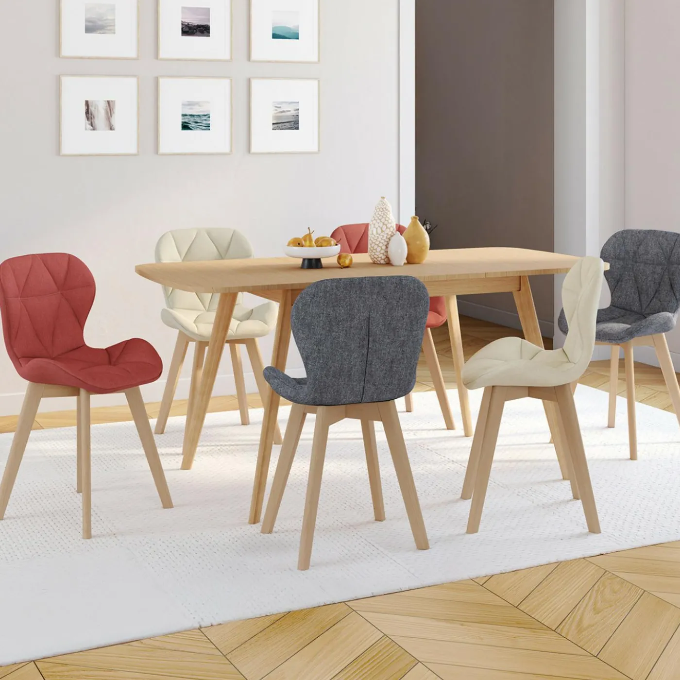 Lot de 6 chaises modernes avec assises matelassées en gris, terracotta et beige