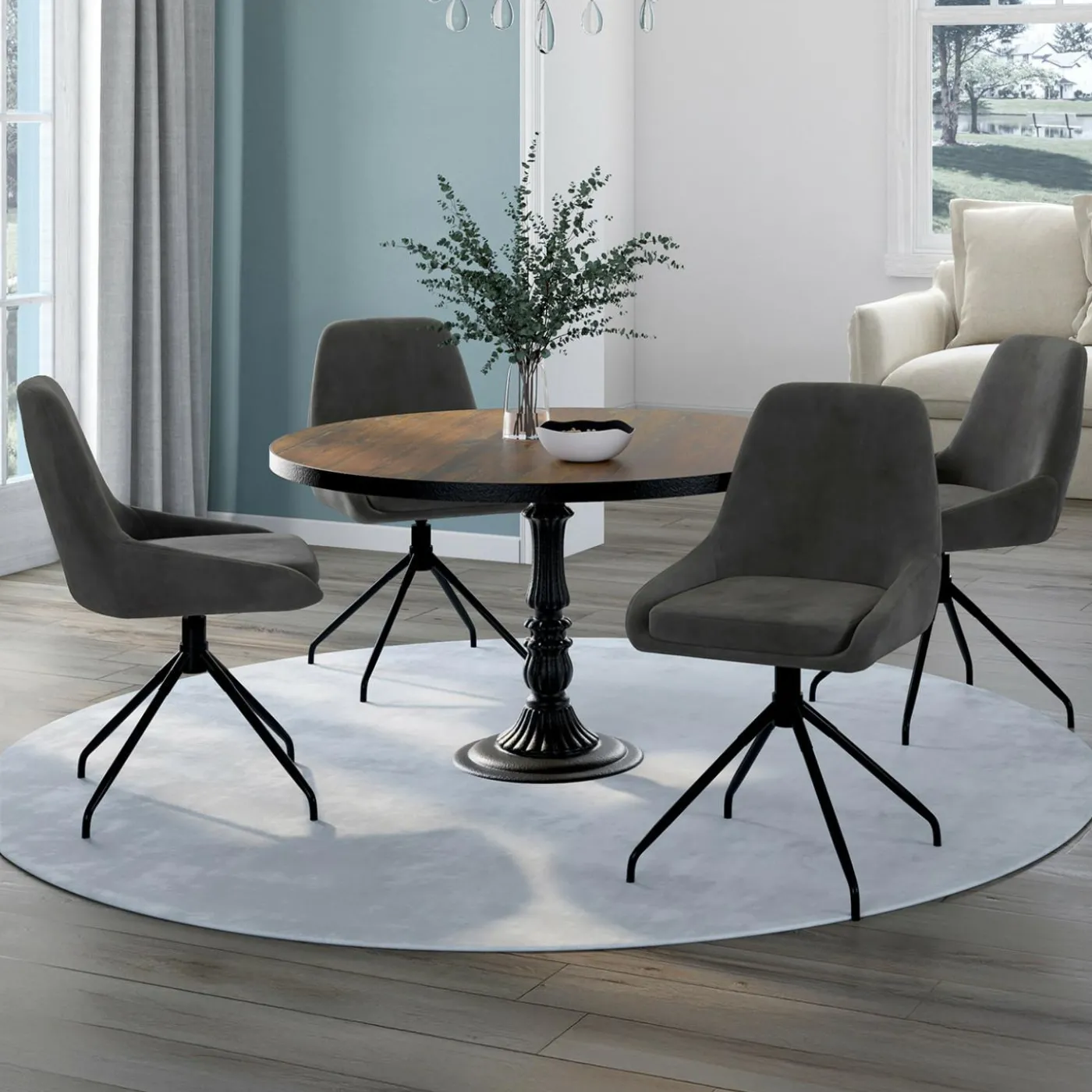 Lot de 4 chaises pivotantes en velours gris foncé avec accoudoirs