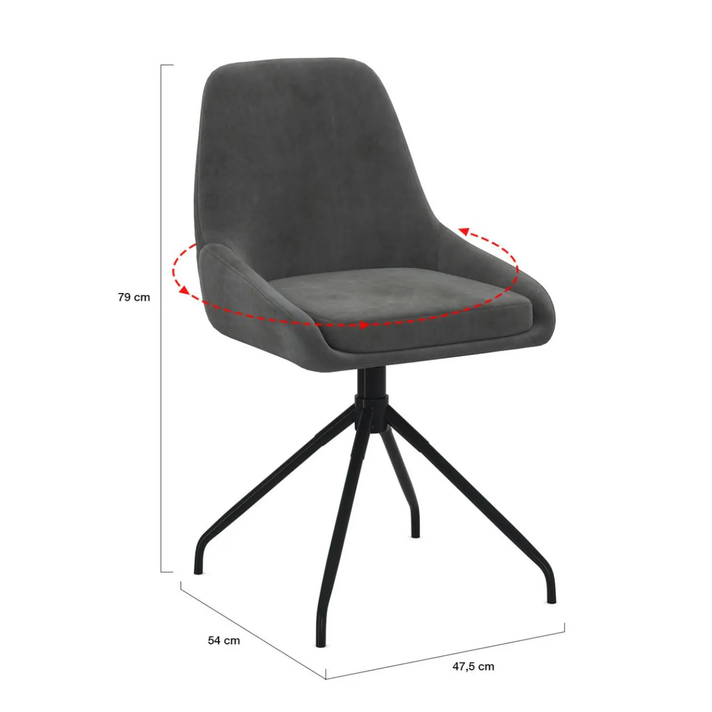 Lot de 4 chaises pivotantes en velours gris foncé avec accoudoirs