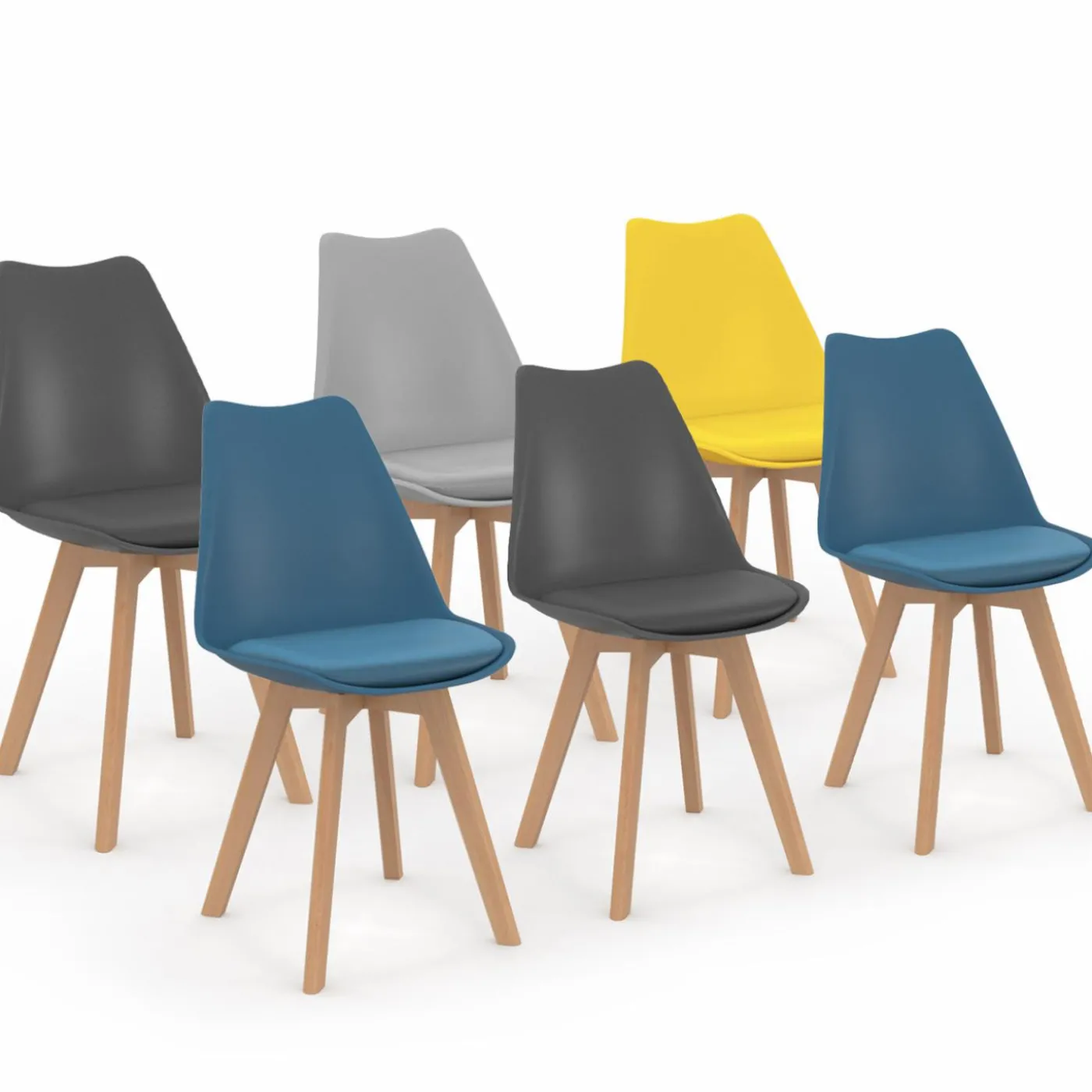 Lot de 6 chaises scandinaves mix color bleues, grises et jaunes