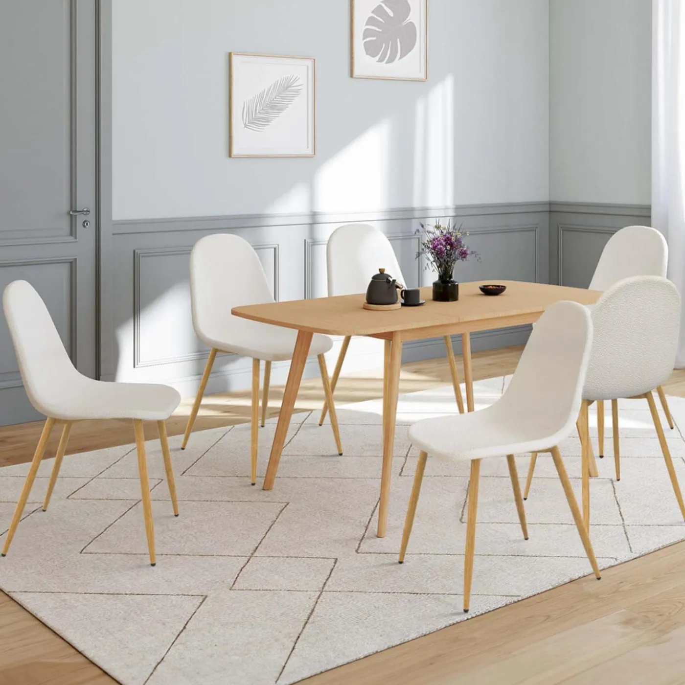 Lot de 6 chaises scandinaves en tissu blanc bouclette pieds en bois