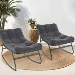 Lot de 2 fauteuils de jardin à bascule métal gris anthracite avec coussins