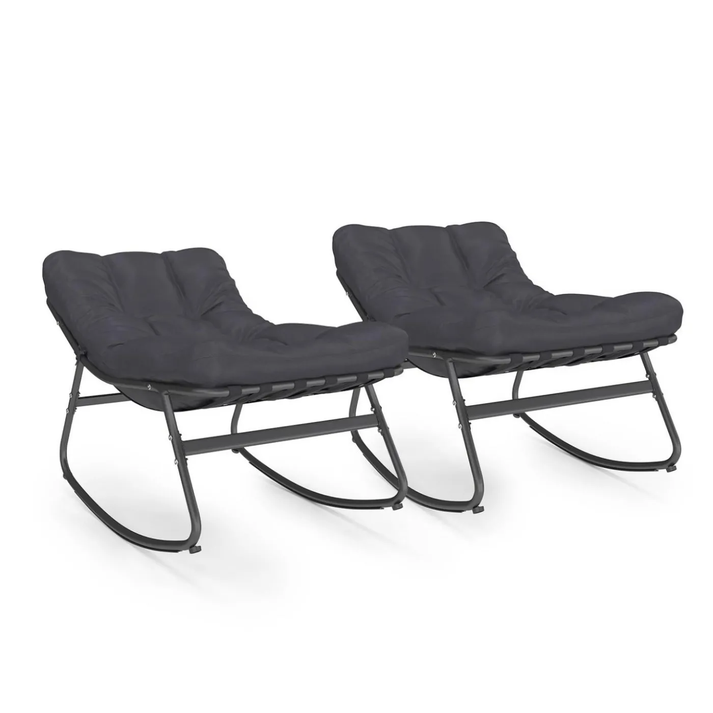 Lot de 2 fauteuils de jardin à bascule métal gris anthracite avec coussins