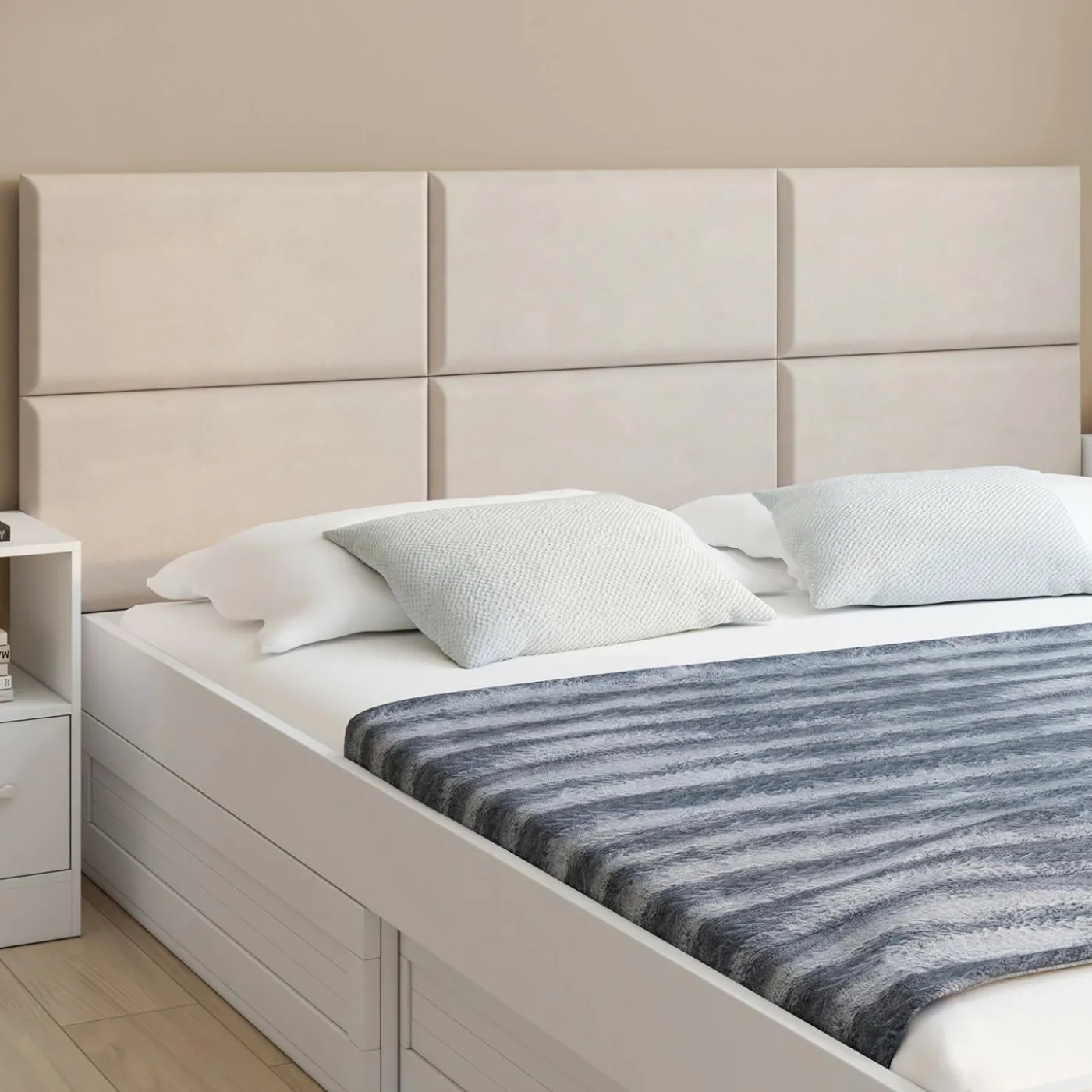 Lot de 6 panneaux muraux pour tête de lit 180 cm en tissu effet suédé beige