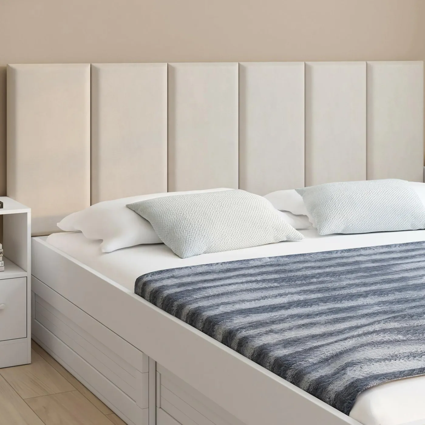 Lot de 6 panneaux muraux pour tête de lit 180 cm en tissu effet suédé beige