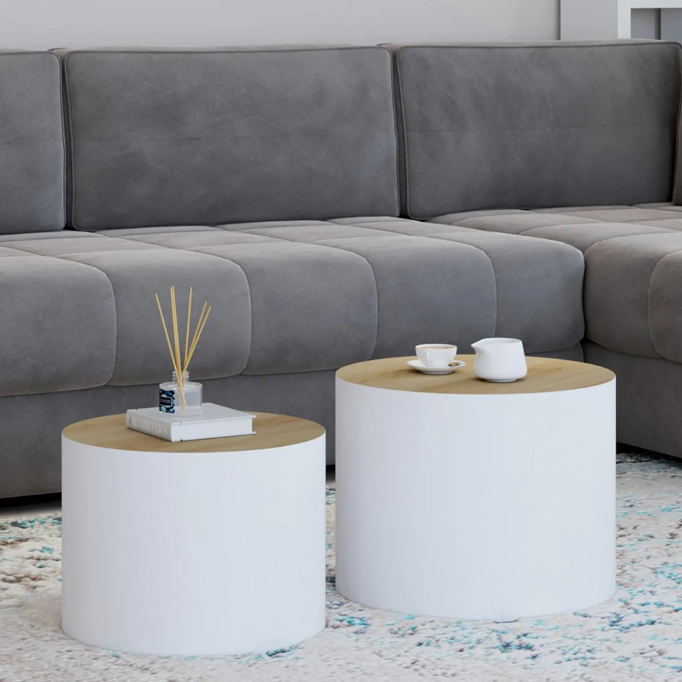 Lot de 2 tables basses cylindres gigognes bois et blanc