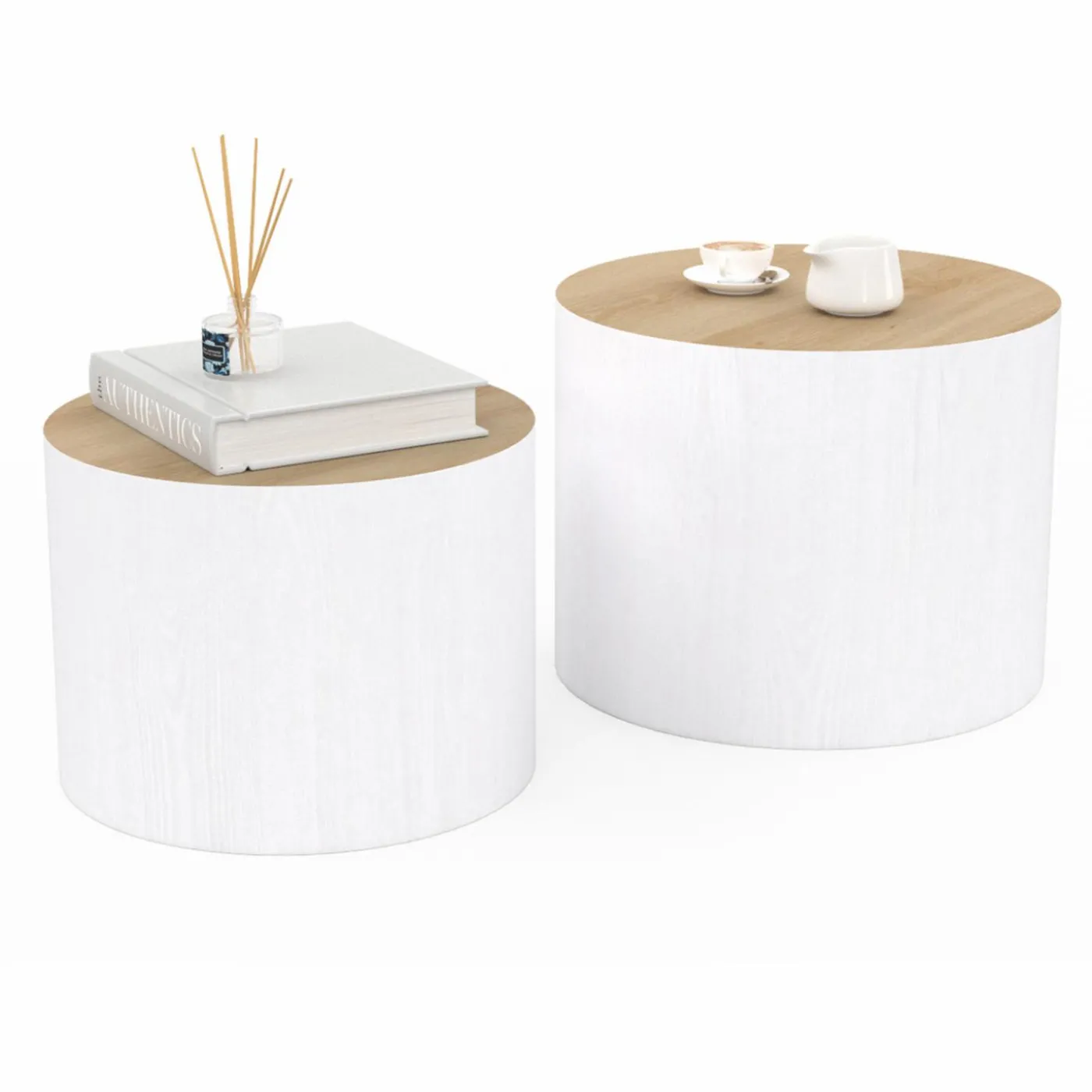 Lot de 2 tables basses cylindres gigognes bois et blanc