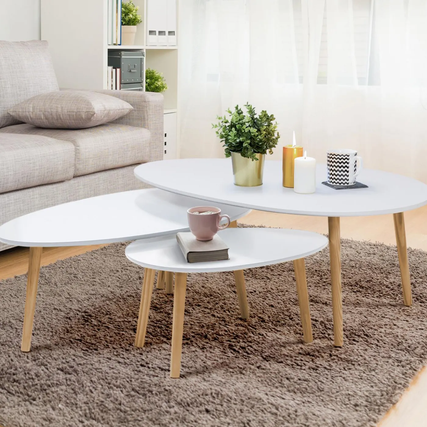 Lot de 3 tables basses de salon gigognes scandinaves laquées blanc